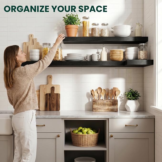 Floating Shelves for Wall 72 in x 9.3 in Deep, Wall Mounted Rustic Wood Shelf with Invisible Brackets for Storage & Display, Living Room Bedroom Bathroom, Black, 1 Pack