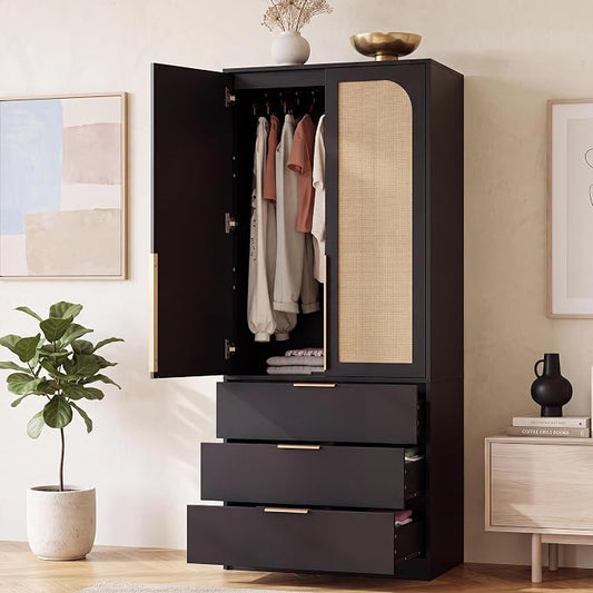 Garvee 70" Wardrobe Armoire Wooden Closet with 2 Doors and 3 Drawers, Bedroom Armoire with Hanging Rod Shelf, Large Capacity Storage Wardrobe Armoire, Freestanding Wooden Closet Storage Cabinet