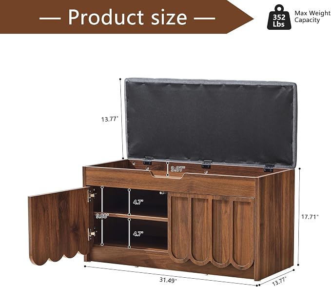 ORRD Shoe Storage Bench with Cushion, Entryway Shoe Cabinet Bench with 2 Scalloped Doors & Adjustable Shelf, 2-Tier Shoe Rack Organizer Cabine for Entryway, Hallway, Living Room (Walnut)