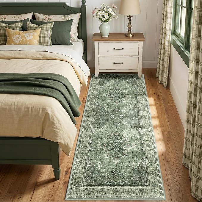 RELEANY Area Rugs Runner 3'x8' Washable Non-Slip, Floral Vintage Distress Medallion Carpet for Kitchen Hallway Bedroom Beside Laundry Room Bathroom, Dark Green Gray