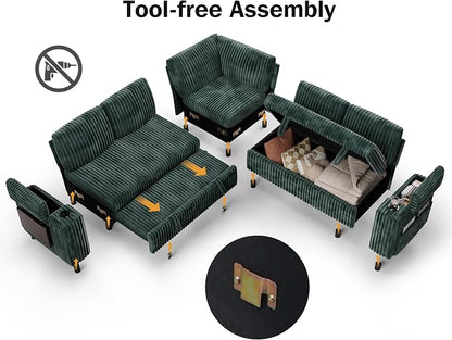 WEUP 86" Modular Sectional Sleeper Sofa with Pull Out Bed, 5 Seat Plush Corduroy L Shaped Couch with USB Ports|Cup Holders|Side Table|Storage Seat Armrests, Tool Free Assembly, Green