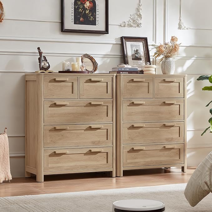 Joaxswe Farmhouse 5 Drawer Dresser for Bedroom, Vertical Dressers Chest of Drawers with 5 Deep Drawers & 4 Thickened Table Legs, Natural Wood