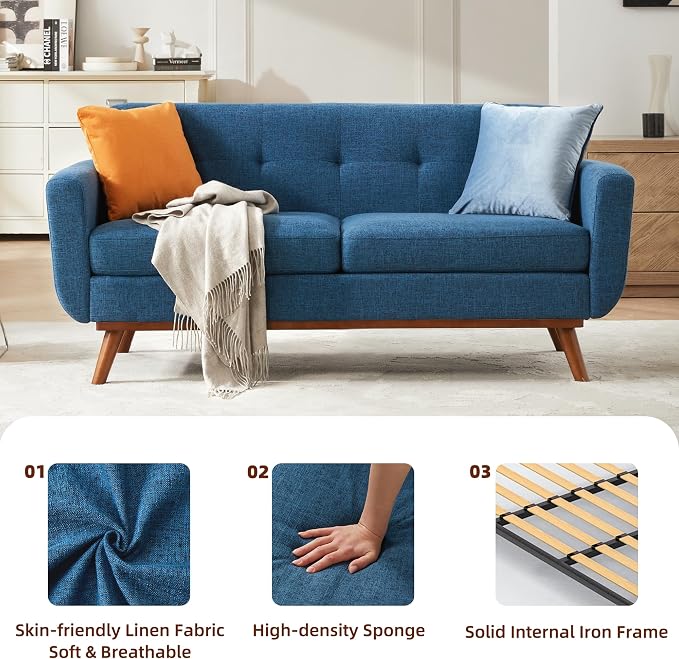 Kingfun 65.2" W Loveseat Sofa, Mid Century Modern Decor Love Seat Couches for Living Room, Button Tufted Upholstered Furniture, Solid & Easy to Install Small Couch for Bedroom Office Apartment, Blue