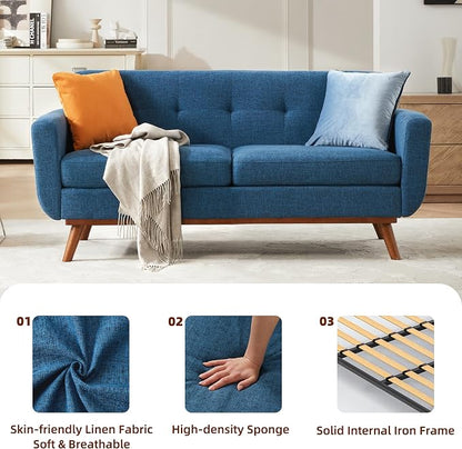 Kingfun 65.2" W Loveseat Sofa, Mid Century Modern Decor Love Seat Couches for Living Room, Button Tufted Upholstered Furniture, Solid & Easy to Install Small Couch for Bedroom Office Apartment, Blue