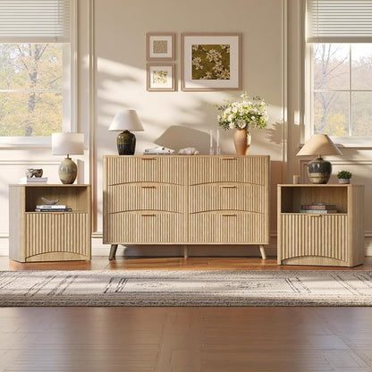 Evermagin 3-Piece Bedroom Furniture Set for Bedroom, 55" Wide Fluted 6-Drawer Dresser with 2 Nightstands, Mid-Century Modern Dresser and Nightstand Set (Natural)