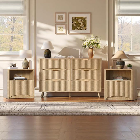 Evermagin 3-Piece Bedroom Furniture Set for Bedroom, 55" Wide Fluted 6-Drawer Dresser with 2 Nightstands, Mid-Century Modern Dresser and Nightstand Set (Natural)