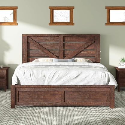 AMERLIFE Full Size Bed Frame with 49.2" Barn Door Headboard and Footboard, Rustic Farmhouse Platform Bed Frame with Wood Slats, No Box Spring Needed, Under Bed Storage, Reclaimed Barnwood