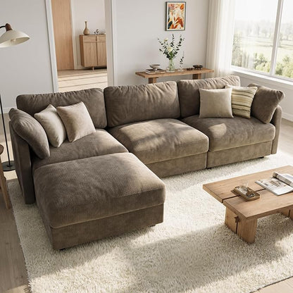 114" Cloud Couch Sectional Couches for Living Room Brown | 10" High-Resilience Cloud Cushion, 36" Movable Ottoman, Plus-Size Friendly Couch, 28" Extra Deep Seat Sofa