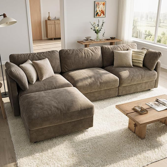 114" Cloud Couch Sectional Couches for Living Room Brown | 10" High-Resilience Cloud Cushion, 36" Movable Ottoman, Plus-Size Friendly Couch, 28" Extra Deep Seat Sofa