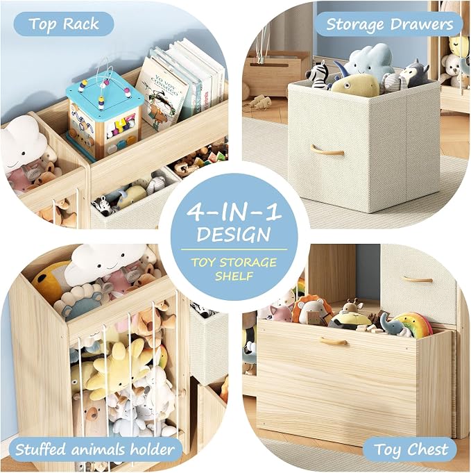 EXPERLAM Toy Storage Organizer with Stuffed Animal Holder, Solid Wood Kids Toy Shelf with 2 Drawers, Rolling Toy Chest and Top Rack, Plush Toy Storage for Bedroom, Playroom, Nursery