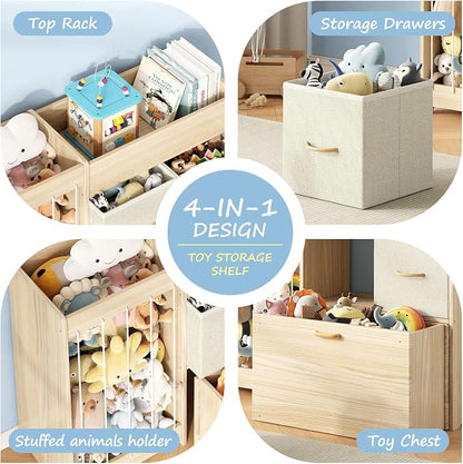 EXPERLAM Toy Storage Organizer with Stuffed Animal Holder, Solid Wood Kids Toy Shelf with 2 Drawers, Rolling Toy Chest and Top Rack, Plush Toy Storage for Bedroom, Playroom, Nursery