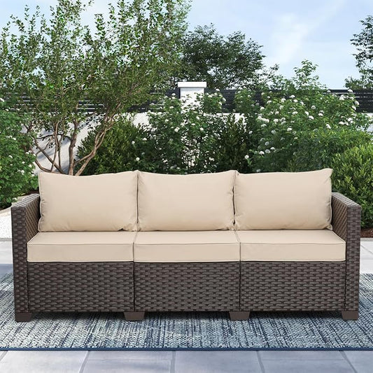 Rattan Star Outdoor Furniture Couch 3 Seater Sofa Outdoor Brown Wicker Sofa Deep Seat High Backrest Patio Couch with Non-Slip Cushions Waterproof Cover, Khaki