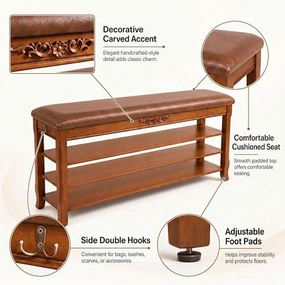 Shoe Rack Bench Entryway Storage with Leather Cushion, Shoe Organizer Bench for Entryway, Front Doors Entrances Hallway,Mudroom,Closet, Bedroom,Solidwood 3 Height-Adjustable Removable Shelve,47.2"