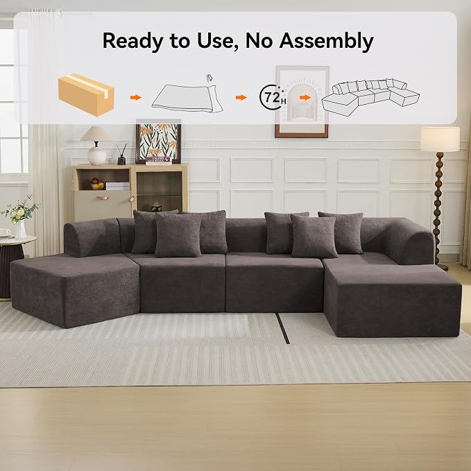 140''Oversized Cloud Velvet Curved Sectional Couch, Boneless Couch with L-Shape Chaise, Upholstered Compression Memory Foam Modular Sectional Sofa for Living Room, No Assembly Required, Brown