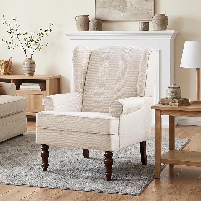 HUIMO Printed Wingback Accent Chair, Linen Upholstered High Back Armchair, Comfy Reading Chair for Living Room Bedroom Study, 300lbs Weight Capacity (1, Tan with Lines)