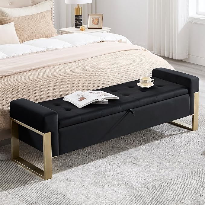 End of Bed Storage Bench, 67'' Benches for Bedroom Foot of Bed King Size, Upholstered Velvet Tufted Storage Ottoman Bench with Gold Legs for Window Living Room Entryway, Black