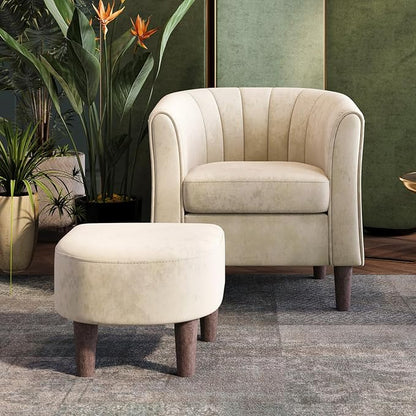 LINSY Small Accent Chair with Ottoman, Modern Barrel Chair Comfy Armchair Reading Chair with Footrest, Small Round Arms Chair for Living Room Bedroom Reading Room, Velvet, Beige