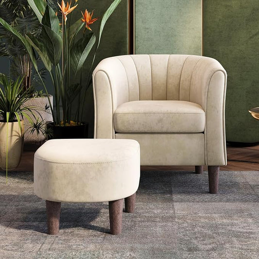 LINSY Small Accent Chair with Ottoman, Modern Barrel Chair Comfy Armchair Reading Chair with Footrest, Small Round Arms Chair for Living Room Bedroom Reading Room, Velvet, Beige
