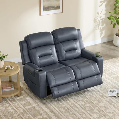 Watson & Whitely Genuine Leather Power Loveseat Recliner Sofa, Lay Flat Loveseat Reclining Sofa with Power Headrest, Cup Holders, USB & Type-C Ports, Dual Recliners for Living Room, Navy Blue
