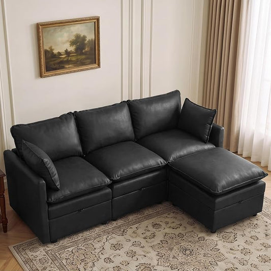 80" Black Faux Leather Storage 3 Seater Sofa with Ottoman, Comfy Couch | Convertible Modular Sectional Sofa, L Shaped Oversized Couch, Upholstered Large Cloud Couch For Living Room, Apartment.