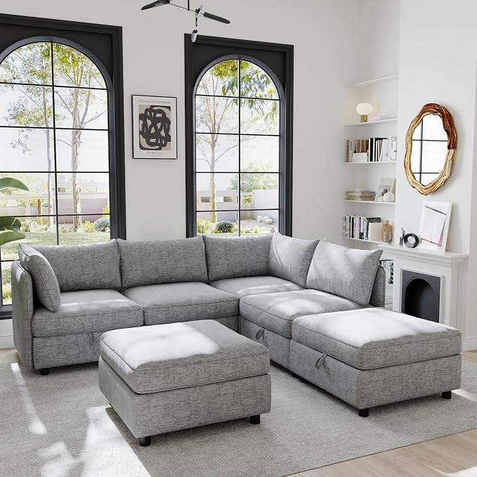 129-Inch U-Shaped 6 Seat Modular Sofa Deep Seat Storage Sectional Sofa Couch Free Combination with Movable Ottomans ,6 Seat Chenille Upholstered U-Shaped Convertible Sleeper Couch for Home Apartment | Space Saving