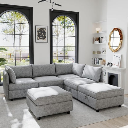 129-Inch U-Shaped 6 Seat Modular Sofa Deep Seat Storage Sectional Sofa Couch Free Combination with Movable Ottomans ,6 Seat Chenille Upholstered U-Shaped Convertible Sleeper Couch for Home Apartment | Space Saving