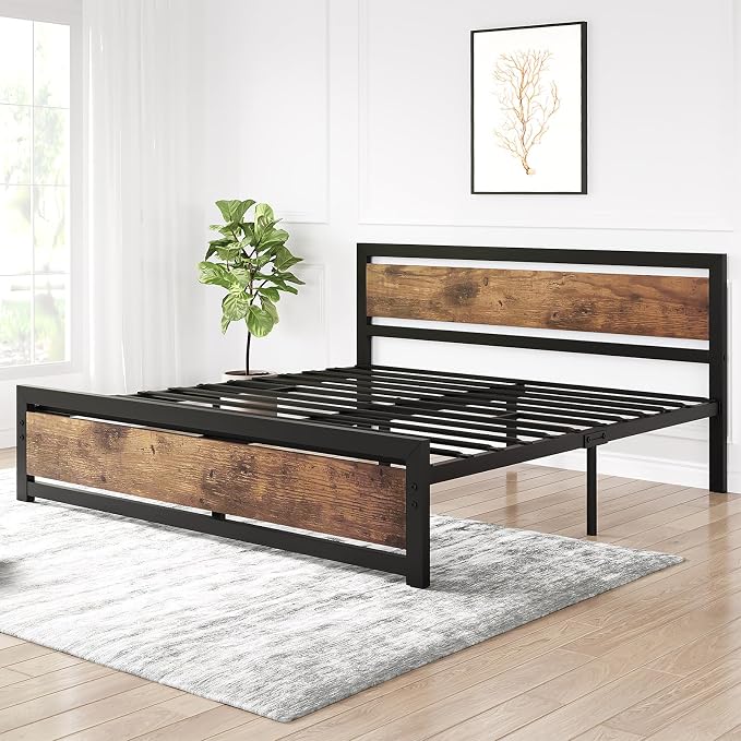 IDEALHOUSE King Size Bed Frame with Wooden Headboard and Footboard, Industrial King Bed Platform, No Box Spring Needed, Noise-Free, 13.8" Under Bed Storage, Easy Assembly