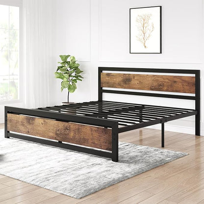 IDEALHOUSE King Size Bed Frame with Wooden Headboard and Footboard, Industrial King Bed Platform, No Box Spring Needed, Noise-Free, 13.8" Under Bed Storage, Easy Assembly