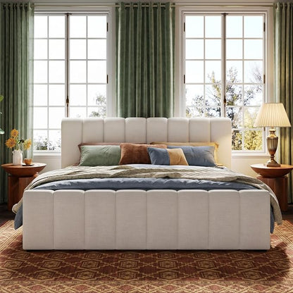 Merax California King Upholstered Panel Bed with Curved Headboard, Beige | Thick Linen Headboard and Footboard with Solid Rubberwood Legs for a Refined Bedroom Look