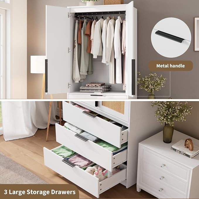 GarveeHome Armoire Wardrobe Closet, 69.5 in Wooden Wardrobe Cabinet with 3 Drawers, Hanging Rod, 2 Doors Clothing Storage Cabinet for Bedroom, Large Capacity Storage, Rattan Door, White
