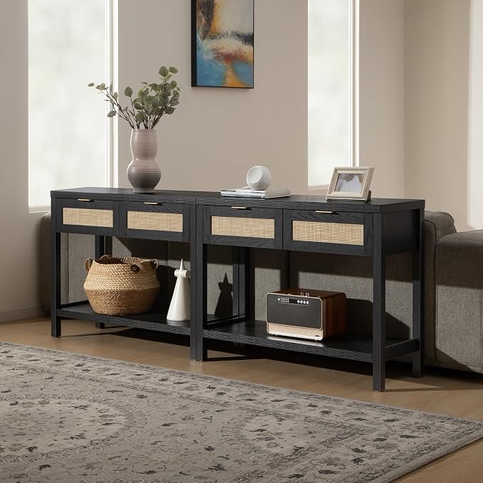 SICOTAS Black Console Table Set of 2 - Boho Entryway Table with Rattan Drawers, 2 Tier Shelf, Narrow Long Sofa Tables for Living Room, Entry Table for Hallway, Foyer