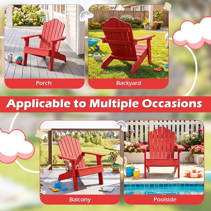 Costzon Kids Adirondack Chair, All-Weather HIPS Toddler Outdoor Chair, Wooden Textured Plastic Fire Pit Chair, Kids Patio Chair for Backyard Lawn Garden, Fits Children Age 3-7 Years (2, Red)