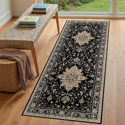 RELEANY Area Rugs Runner 3'x7' Washable Non-Slip, Floral Vintage Distress Medallion Carpet for Kitchen Hallway Bedroom Beside Laundry Room Bathroom, Black Brown Neutral Dark Tan