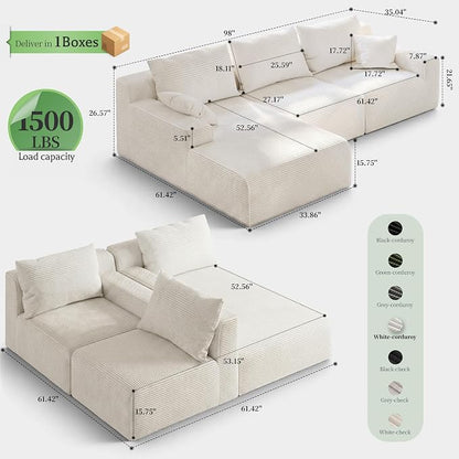 Homkdom 98" Boneless Modular Sectional Sofa, Cloud Couch with 27" Deep Seat & Oversized Chaise, L-Shaped High-Density Foam Sofa for Living Room Apartment, No Assembly Required (White, Left Facing)