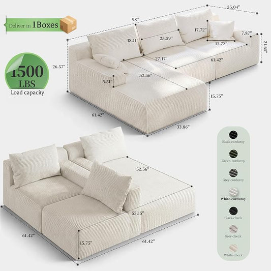 Homkdom 98" Boneless Modular Sectional Sofa, Cloud Couch with 27" Deep Seat & Oversized Chaise, L-Shaped High-Density Foam Sofa for Living Room Apartment, No Assembly Required (White, Left Facing)
