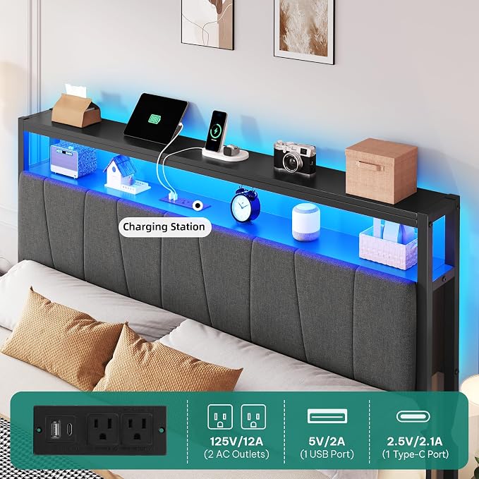 YITAHOME Queen Bed Frame with Storage Headboard, LED Upholstered Platform Bed with Charging Station, Metal Slats, No Box Spring Needed, Easy Assembly - Gray
