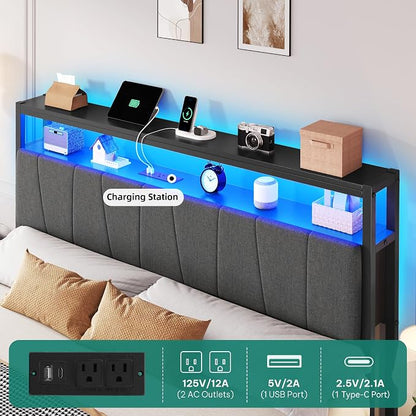 YITAHOME Queen Bed Frame with Storage Headboard, LED Upholstered Platform Bed with Charging Station, Metal Slats, No Box Spring Needed, Easy Assembly - Gray