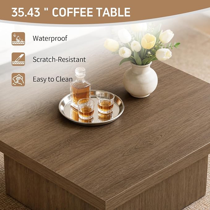 Square Coffee Table,Wooden Living Room Table,Center Table with a Large Tabletop,35.4" x 35.4",for Small Spaces, Apartments, Living Rooms, Vintage Brown