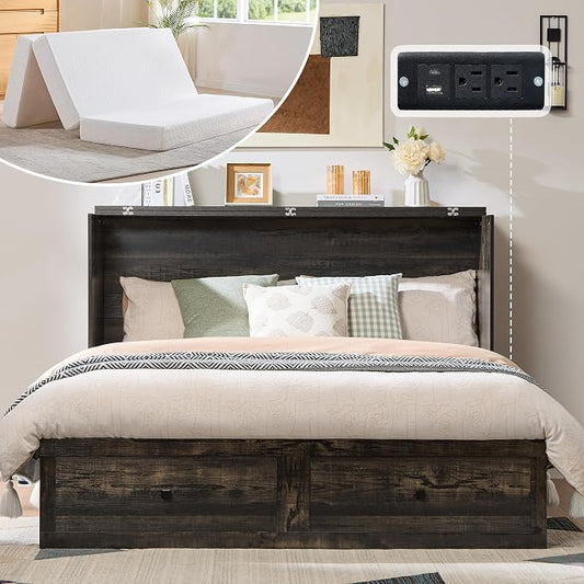 AMERLIFE Full Murphy Bed Cabinet with 6" Tri-Fold Memory Foam Mattress, Storage Drawer & Charging Station, Space-Saving Guest Bed for Home Office, Black Oak
