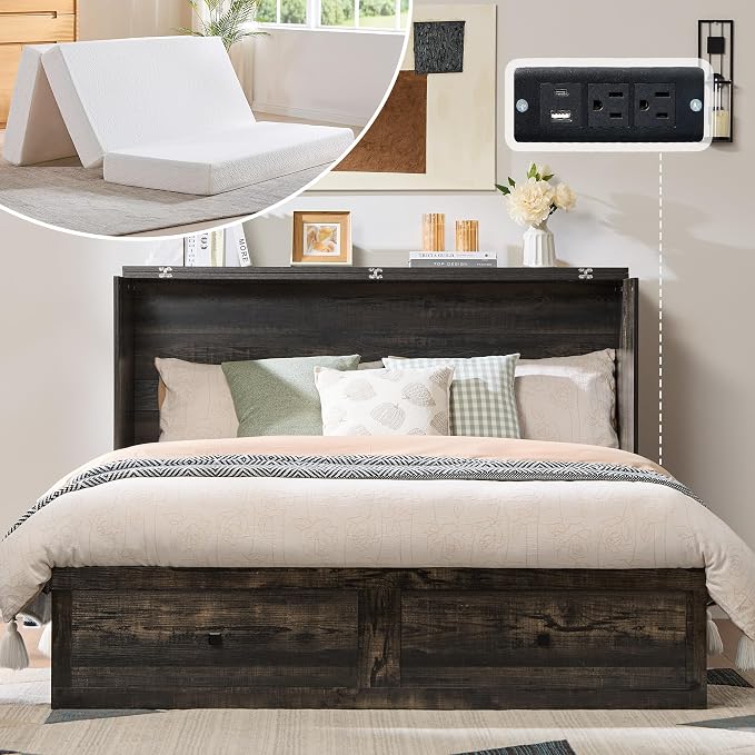 AMERLIFE Queen Murphy Bed Cabinet with 6" Tri-Fold Memory Foam Mattress, Storage Drawer & Charging Station, Space-Saving Guest Bed for Home Office, Black Oak