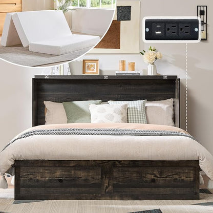 AMERLIFE Queen Murphy Bed Cabinet with 6" Tri-Fold Memory Foam Mattress, Storage Drawer & Charging Station, Space-Saving Guest Bed for Home Office, Black Oak