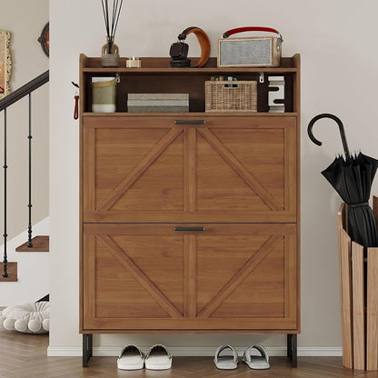 BORNOON Shoe Cabinet with 2 Flip Drawers Narrow Shoe Storage Cabinet Organizer Wooden Freestanding Rack Hidden Slim Storage for Entryway, Hallway, Living Room, Bedroom