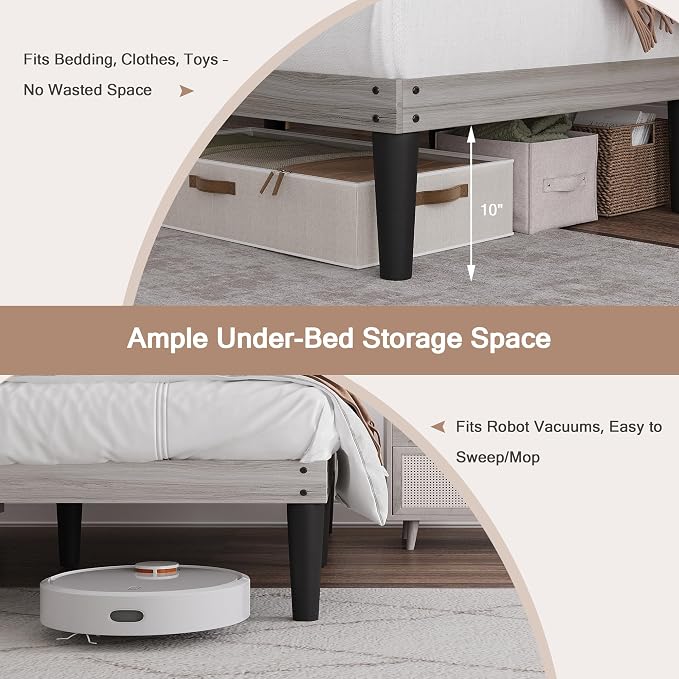 Yumori 12.9 Inch Minimalist Style Full Size Bed Frame, Wood Platform Bed with Wood Slat Support, No Box Spring Needed, Easy Assembly, Grey