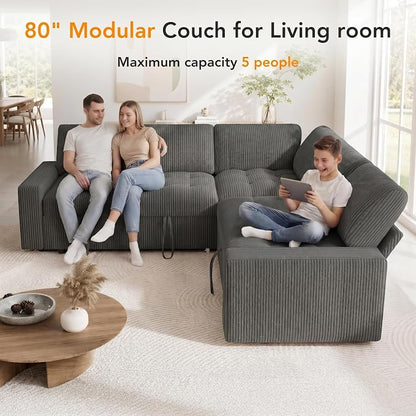 Sunny Heart Modular Sectional Sleeper Sofa with Pull Out Bed, Corduroy L Shaped Sectional Sofa with USB Ports/Adjustable Backrest/Storage Seats, Tool-Free Assembly, Couches for Living Room Dark Grey