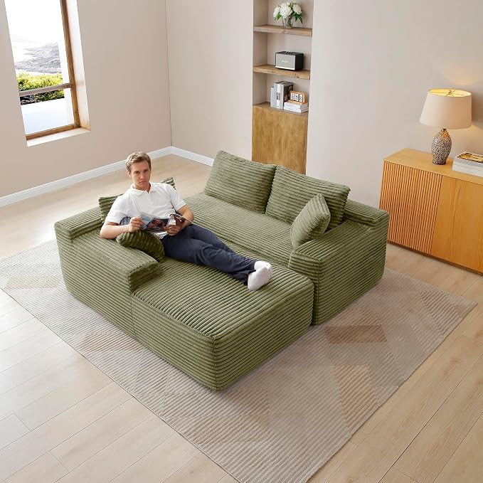 105-Inch L-Shaped Left Facing Corner Compressed Sofa Modular Sectional Boneless Cloud Sofa Floor Foam Couch with Chaise Lounge, Corduroy Corner Boneless Cloud Couch