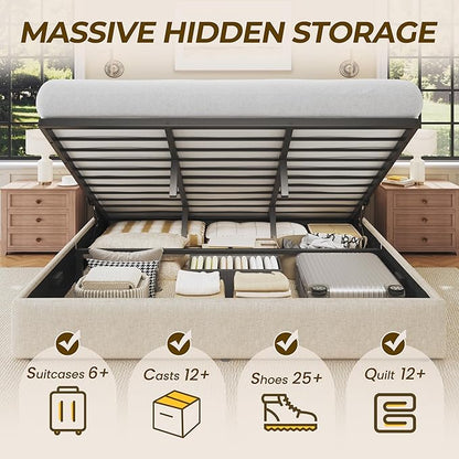 HISOFT King Size Lift Up Storage Bed Frame, Linen Upholstered Platform Bed with Wingback Headboard, Heavy Duty Hydraulic Gas Lift Underbed Space, Reinforced Full Metal Slats, Noise Free, Beige