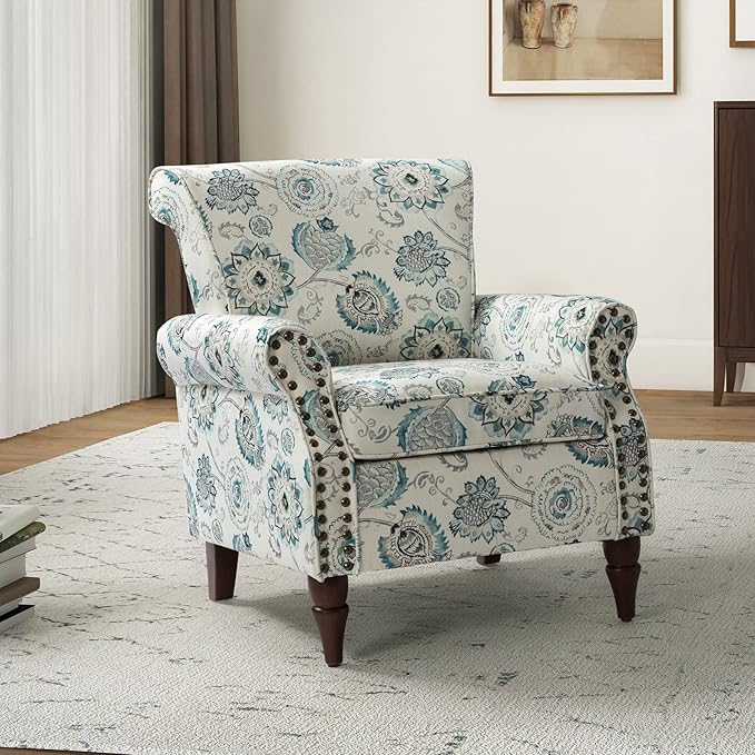 HULALA HOME Modern Wingback Accent Chair with Wood Legs & Removable Cushion, Comfy Upholstered Armchair with Nailhead Trim, Floral Pattern Single Sofa Chair for Living Room Bedroom, Medallion
