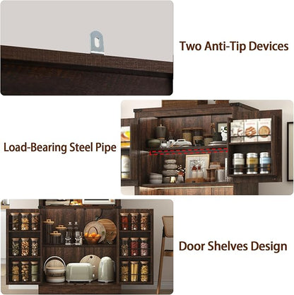 72" Tall Farmhouse Kitchen Pantry Cabinet with LED Light and Power Outlet,Modern Farmhouse Kitchen Storage Cabinet w Load-Bearing Steel Pipe,Barn Doors, Organizer,Food Pantry Cabinets(2PC Brown)