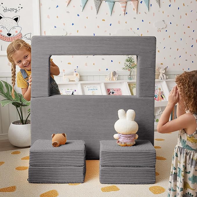 MeMoreCool Modular Kids Couch – Light Grey Foam Play Sofa Bed Convertible Toddler Couch | Soft Corduroy Cover | Washable | Bedroom & Playroom Furniture