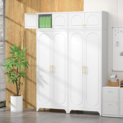SteeLoong Metal Storage Cabinet and Wall Upper Storage Cabinet,90Inch White Kitchen Pantry Cabinets with 4 Adjustable Shelves,Tall Food Cupboards for Living Room, Dining Room Office